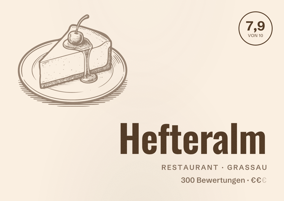 Illustriertes Poster von Hefteralm, Restaurant in Grassau: Bewertung 7,9 von 10 aus 300 Bewertungen, Preisniveau €€