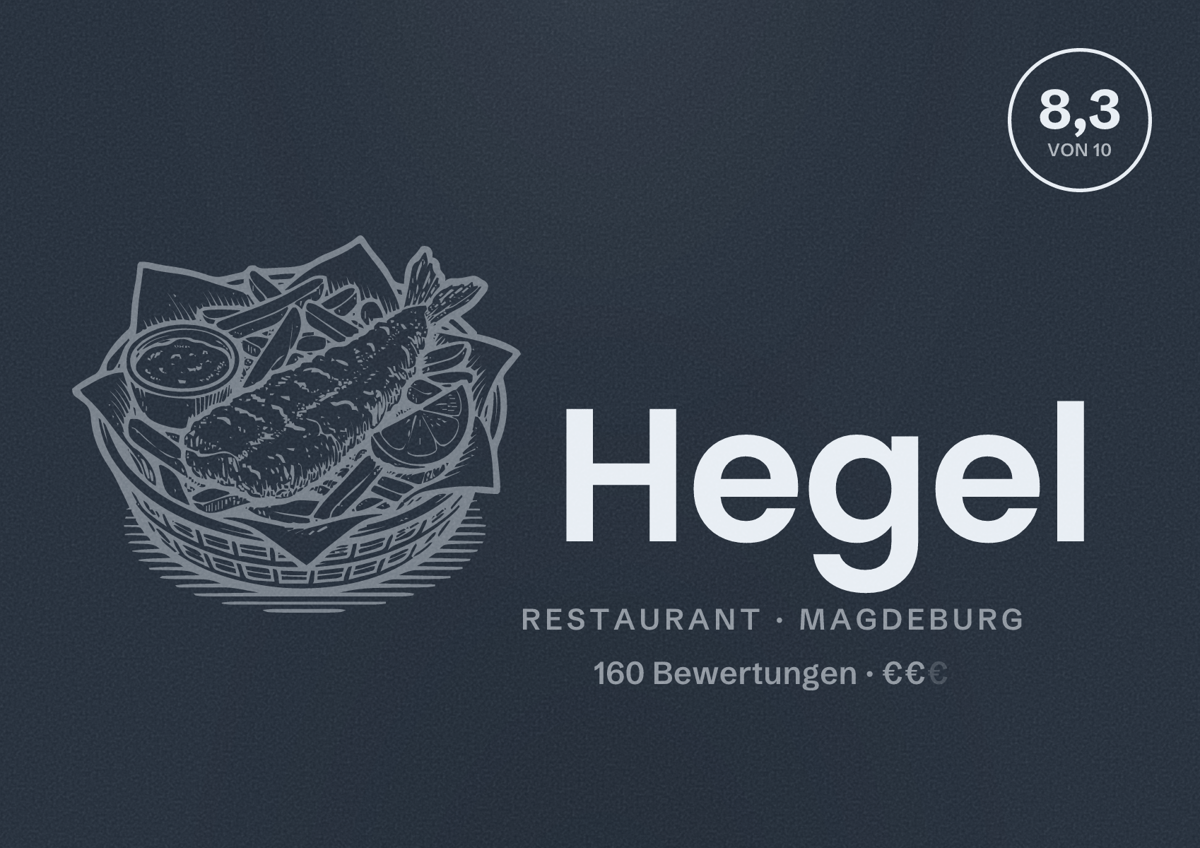 Illustriertes Poster von Hegel, Restaurant in Magdeburg: Bewertung 8,3 von 10 aus 160 Bewertungen, Preisniveau €€