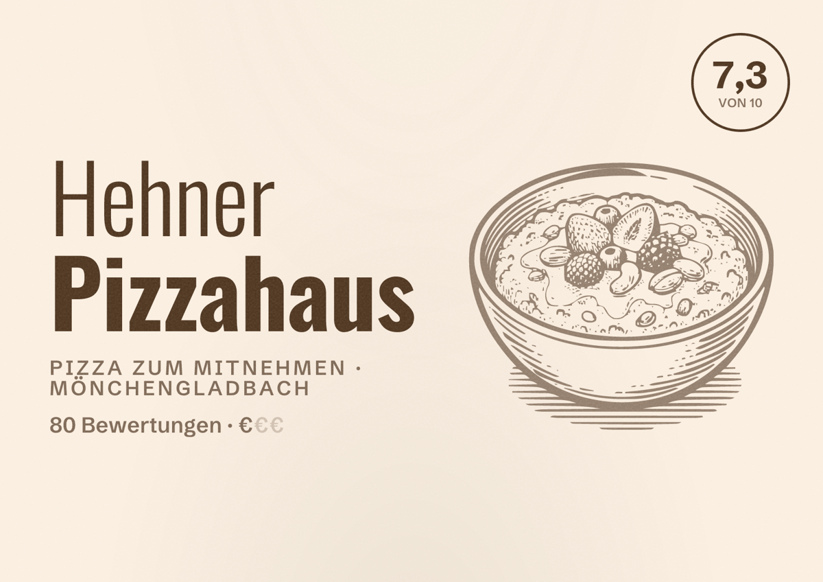 Illustriertes Poster von Hehner Pizzahaus, Pizza zum Mitnehmen in Mönchengladbach: Bewertung 7,3 von 10 aus 80 Bewertungen, Preisniveau €