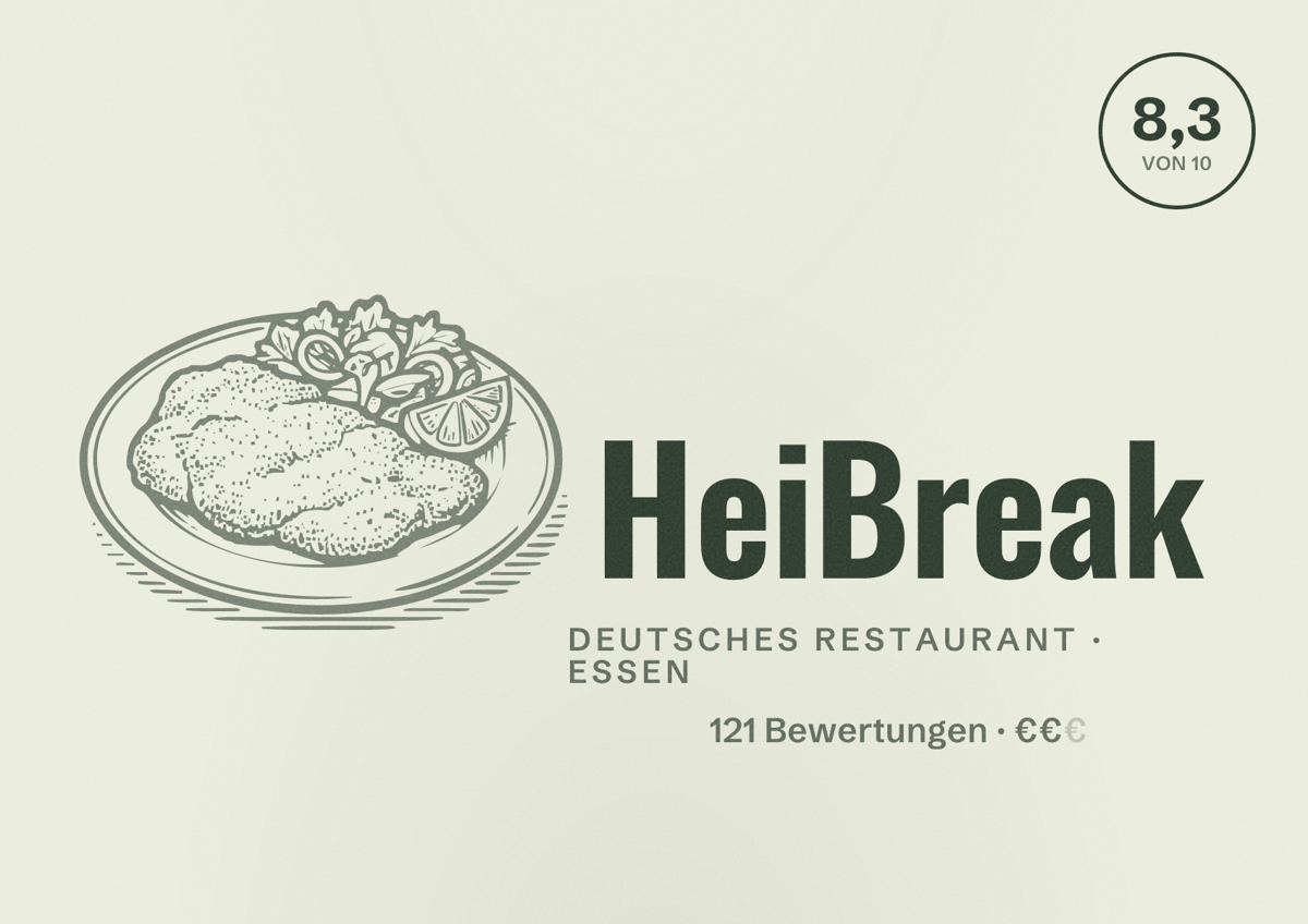 Illustriertes Poster von HeiBreak, Deutsches Restaurant in Essen: Bewertung 8,3 von 10 aus 121 Bewertungen, Preisniveau €€