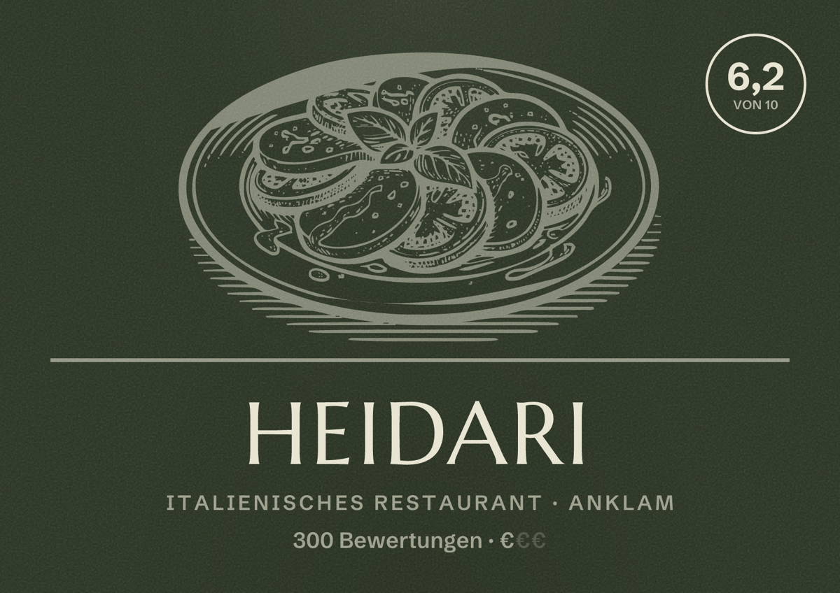 Illustriertes Poster von Heidari, Italienisches Restaurant in Anklam: Bewertung 6,2 von 10 aus 300 Bewertungen, Preisniveau €