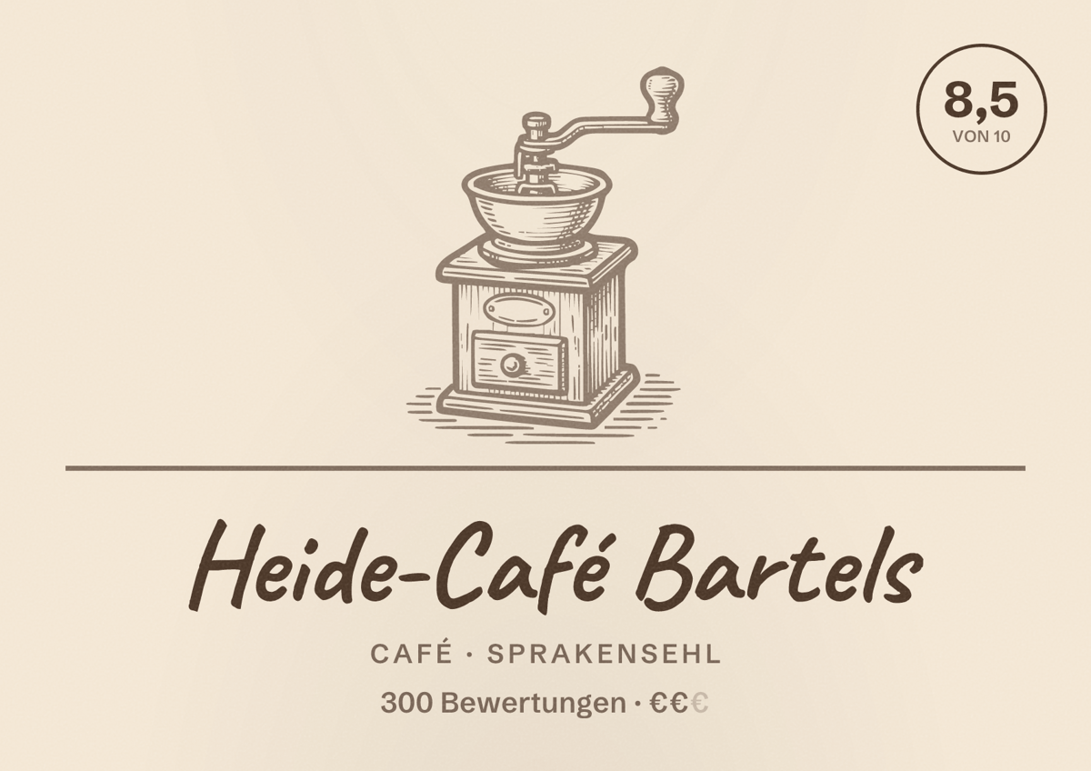 Illustriertes Poster von Heide-Café Bartels, Café in Sprakensehl: Bewertung 8,5 von 10 aus 300 Bewertungen, Preisniveau €€