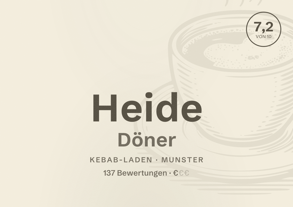 Illustriertes Poster von Heide Döner, Kebab-Laden in Munster: Bewertung 7,2 von 10 aus 137 Bewertungen, Preisniveau €