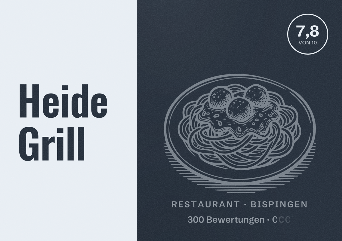 Illustriertes Poster von Heide Grill, Restaurant in Bispingen: Bewertung 7,8 von 10 aus 300 Bewertungen, Preisniveau €