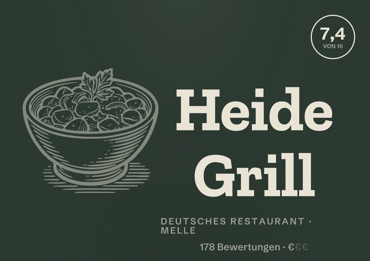Illustriertes Poster von Heide Grill, Deutsches Restaurant in Melle: Bewertung 7,4 von 10 aus 178 Bewertungen, Preisniveau €