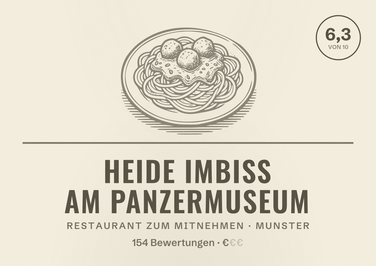 Illustriertes Poster von Heide Imbiss am Panzermuseum, Restaurant zum Mitnehmen in Munster: Bewertung 6,3 von 10 aus 154 Bewertungen, Preisniveau €