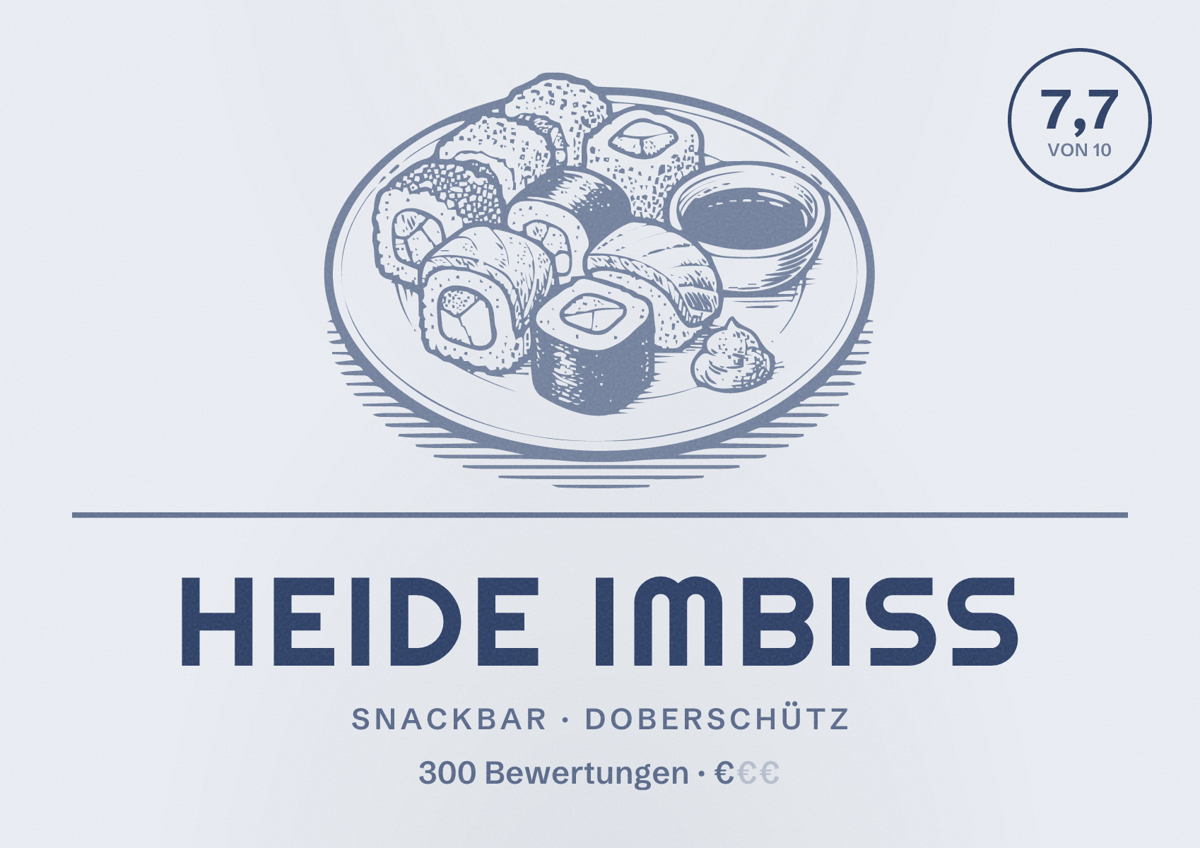 Illustriertes Poster von Heide Imbiss, Snackbar in Doberschütz: Bewertung 7,7 von 10 aus 300 Bewertungen, Preisniveau €