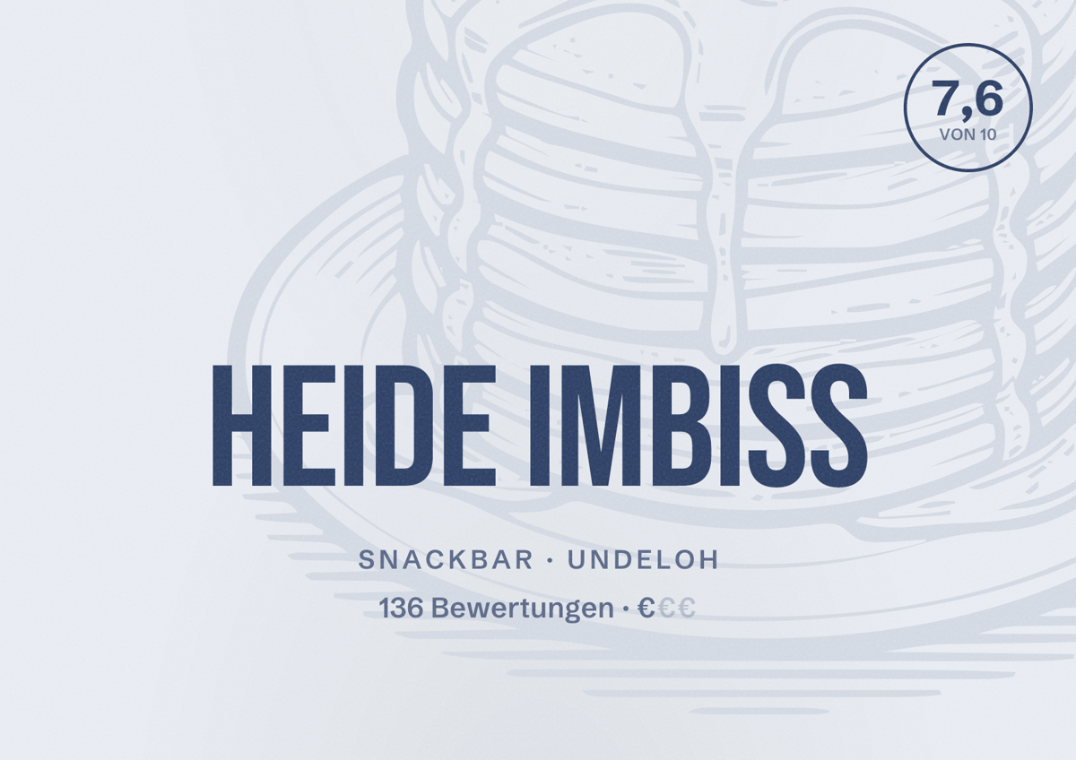 Illustriertes Poster von Heide Imbiss, Snackbar in Undeloh: Bewertung 7,6 von 10 aus 136 Bewertungen, Preisniveau €