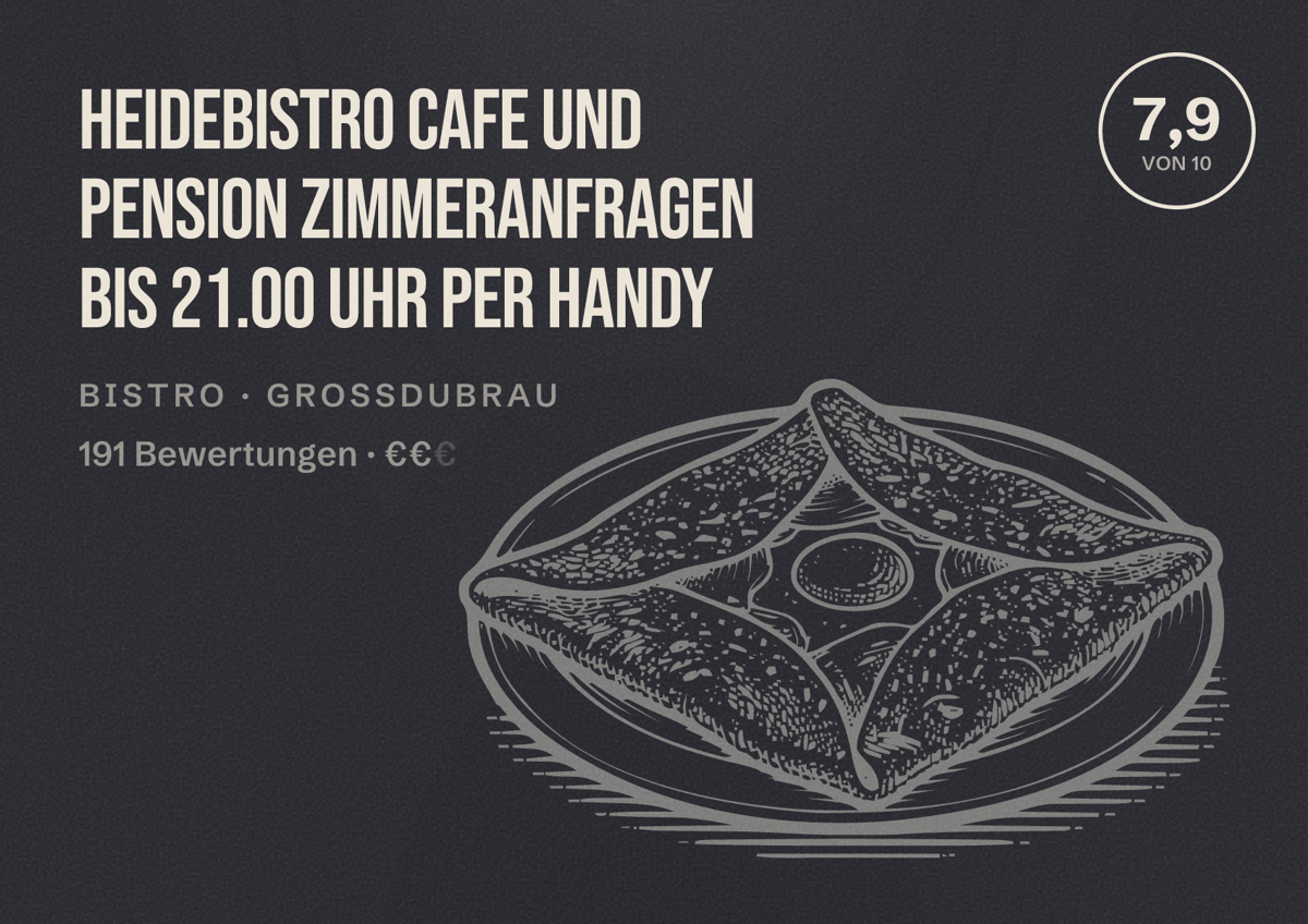 Illustriertes Poster von Heidebistro Cafe und Pension Zimmeranfragen bis 21.00 Uhr per Handy, Bistro in Großdubrau: Bewertung 7,9 von 10 aus 191 Bewertungen, Preisniveau €€