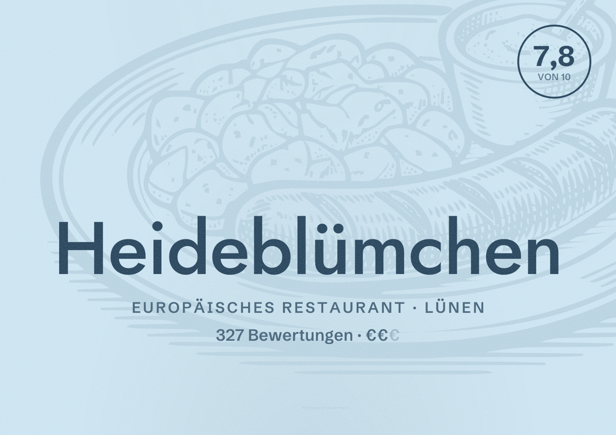 Illustriertes Poster von Heideblümchen, Europäisches Restaurant in Lünen: Bewertung 7,8 von 10 aus 327 Bewertungen, Preisniveau €€