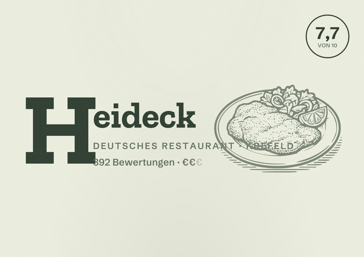 Illustriertes Poster von Heideck, Deutsches Restaurant in Krefeld: Bewertung 7,7 von 10 aus 392 Bewertungen, Preisniveau €€
