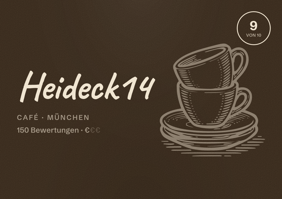 Illustriertes Poster von Heideck14, Café in München: Bewertung 9,0 von 10 aus 150 Bewertungen, Preisniveau €