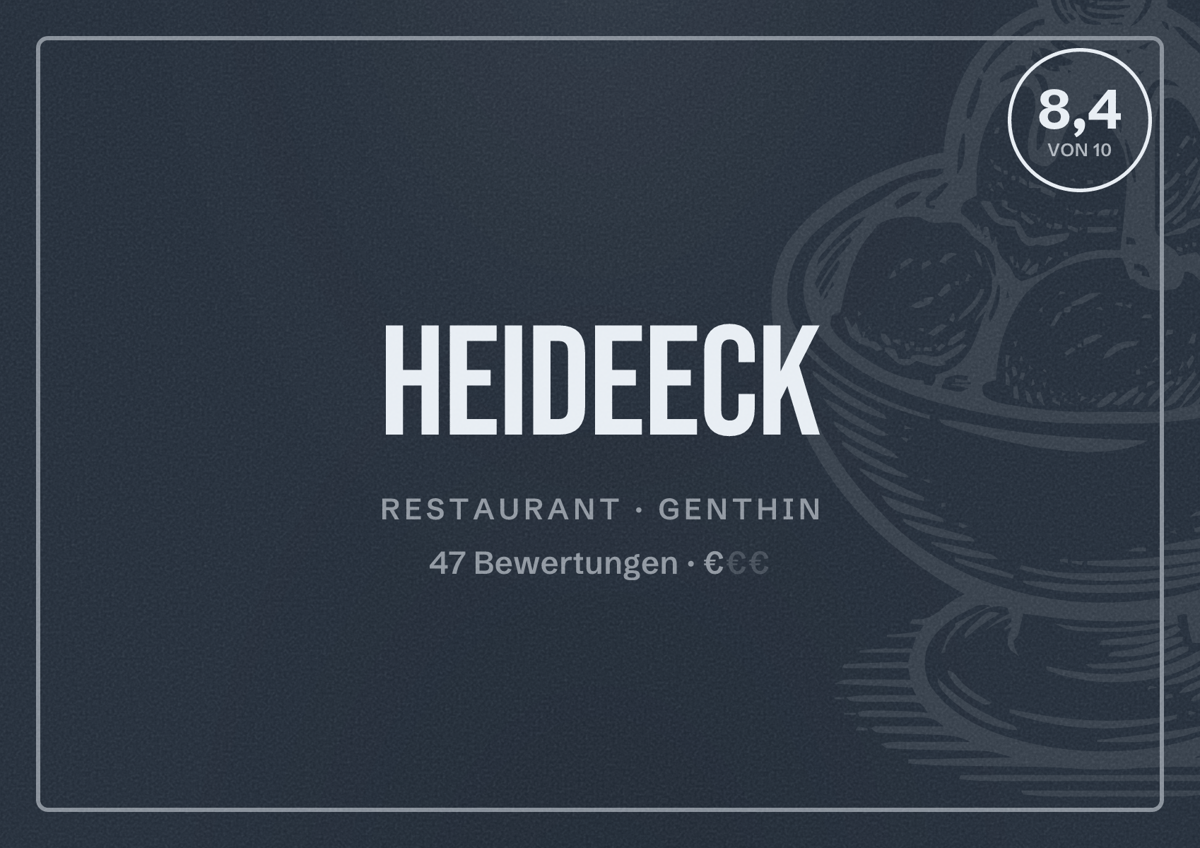 Illustriertes Poster von Heideeck, Restaurant in Genthin: Bewertung 8,4 von 10 aus 47 Bewertungen, Preisniveau €
