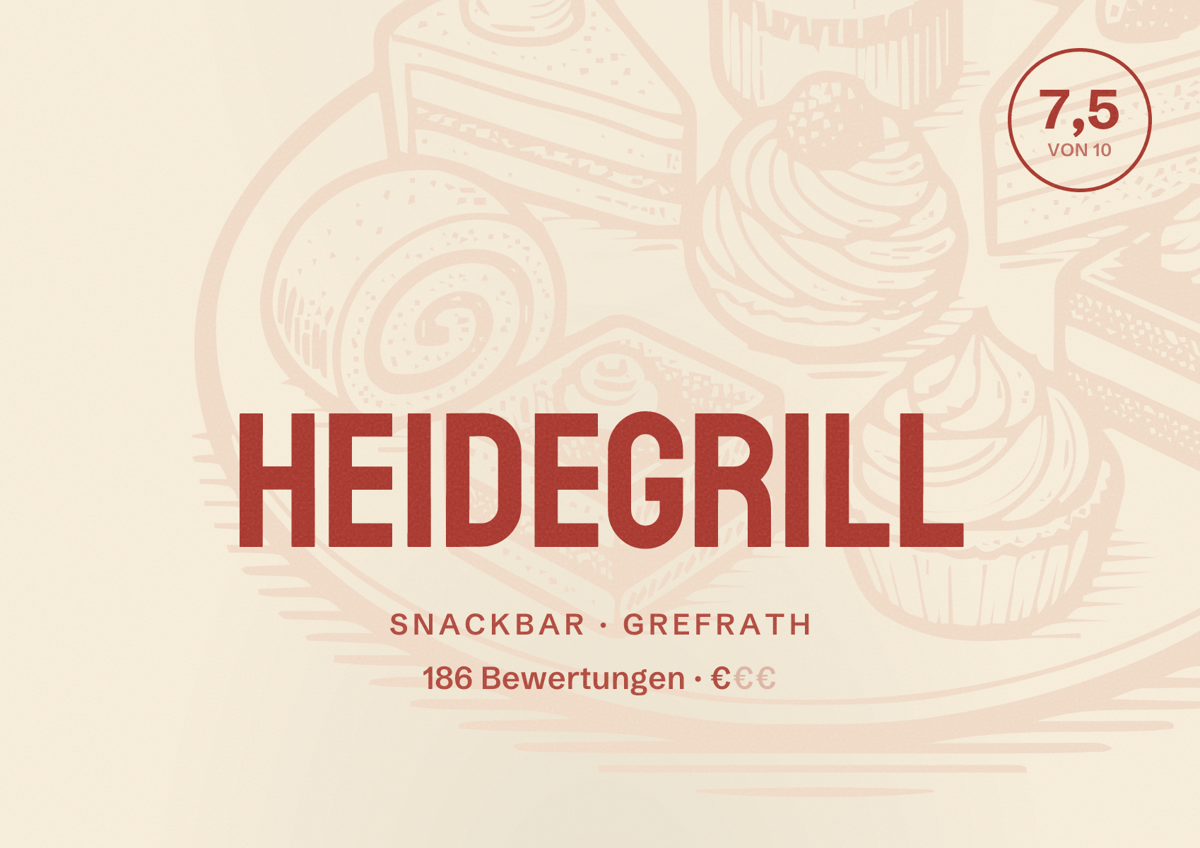 Illustriertes Poster von HeideGrill, Snackbar in Grefrath: Bewertung 7,5 von 10 aus 186 Bewertungen, Preisniveau €