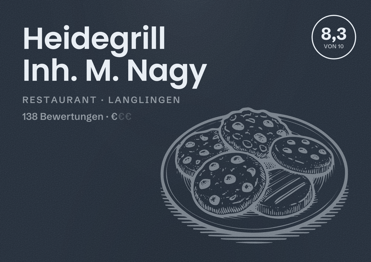 Illustriertes Poster von Heidegrill Inh. M. Nagy, Restaurant in Langlingen: Bewertung 8,3 von 10 aus 138 Bewertungen, Preisniveau €
