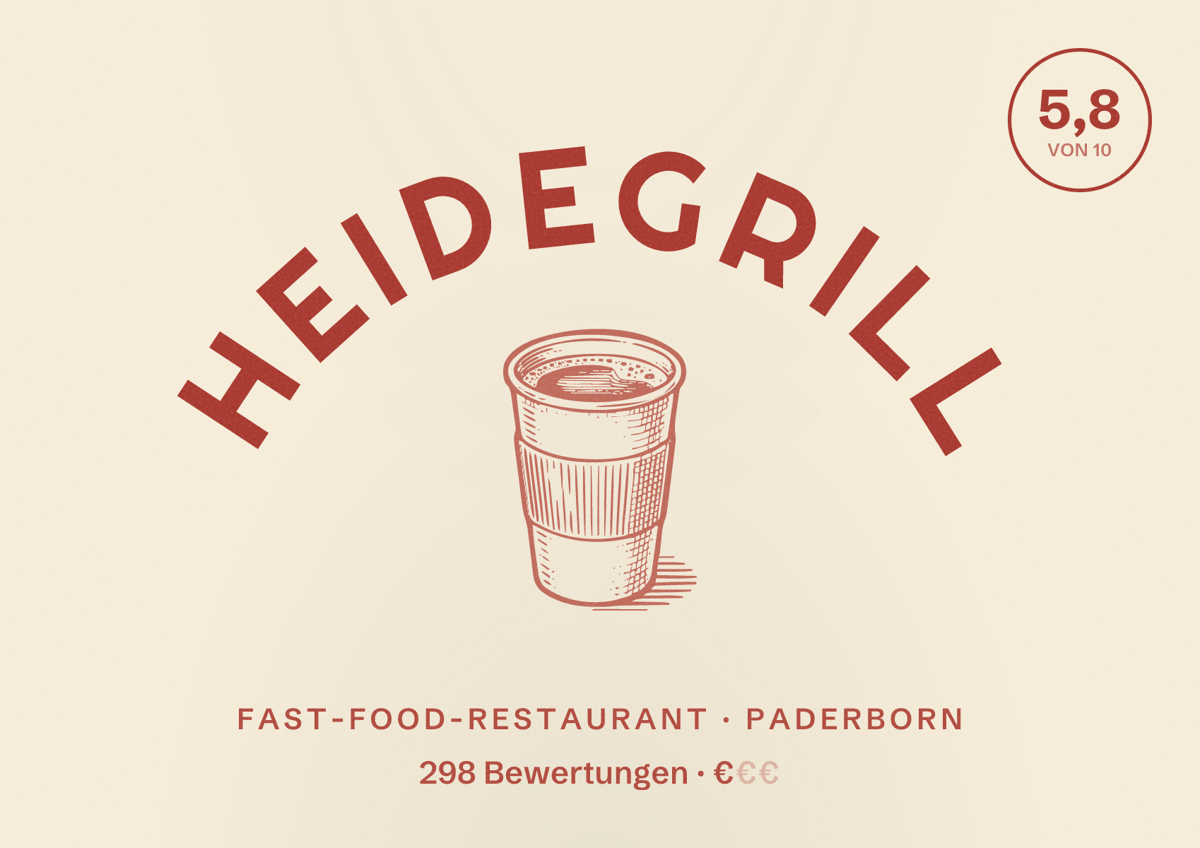 Illustriertes Poster von Heidegrill, Fast-Food-Restaurant in Paderborn: Bewertung 5,8 von 10 aus 298 Bewertungen, Preisniveau €
