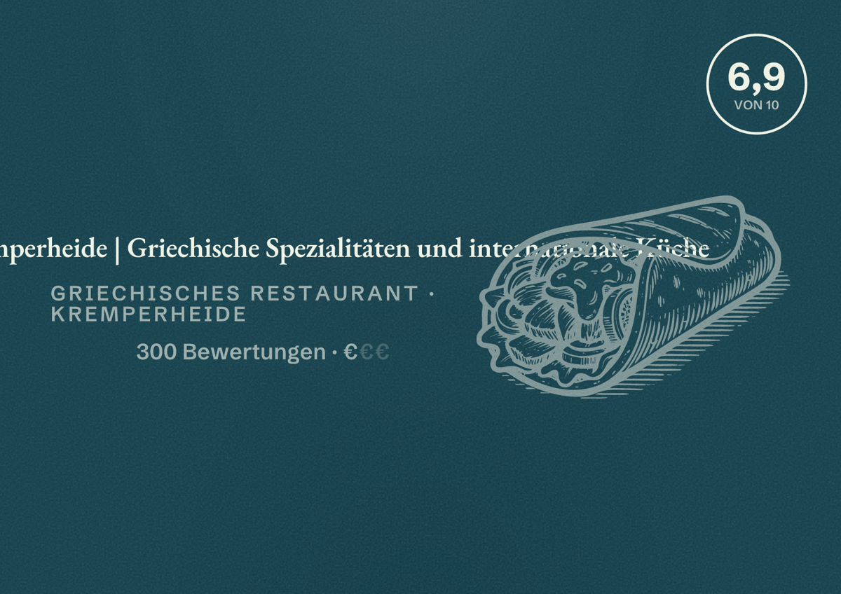 Illustriertes Poster von Heidehaus Kremperheide | Griechische Spezialitäten und internationale Küche, Griechisches Restaurant in Kremperheide: Bewertung 6,9 von 10 aus 300 Bewertungen, Preisniveau €