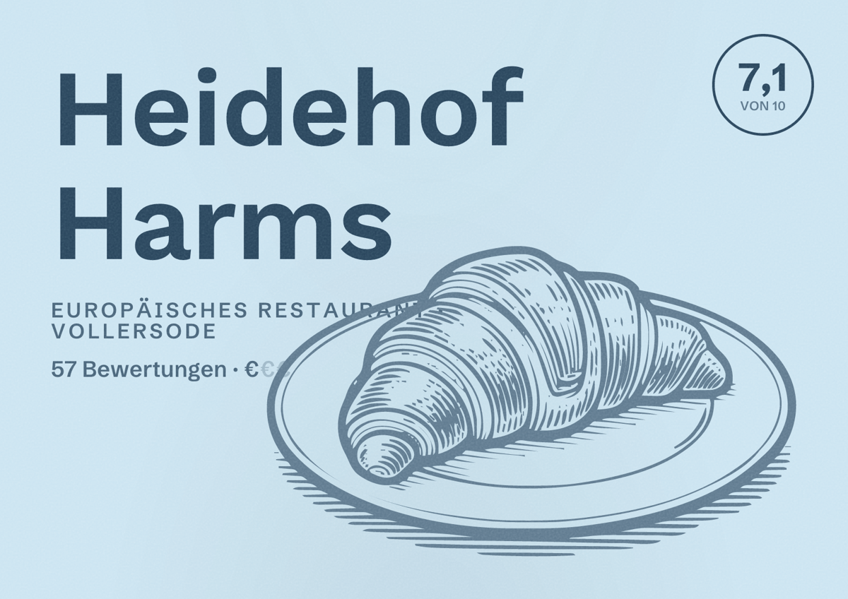 Illustriertes Poster von Heidehof Harms, Europäisches Restaurant in Vollersode: Bewertung 7,1 von 10 aus 57 Bewertungen, Preisniveau €