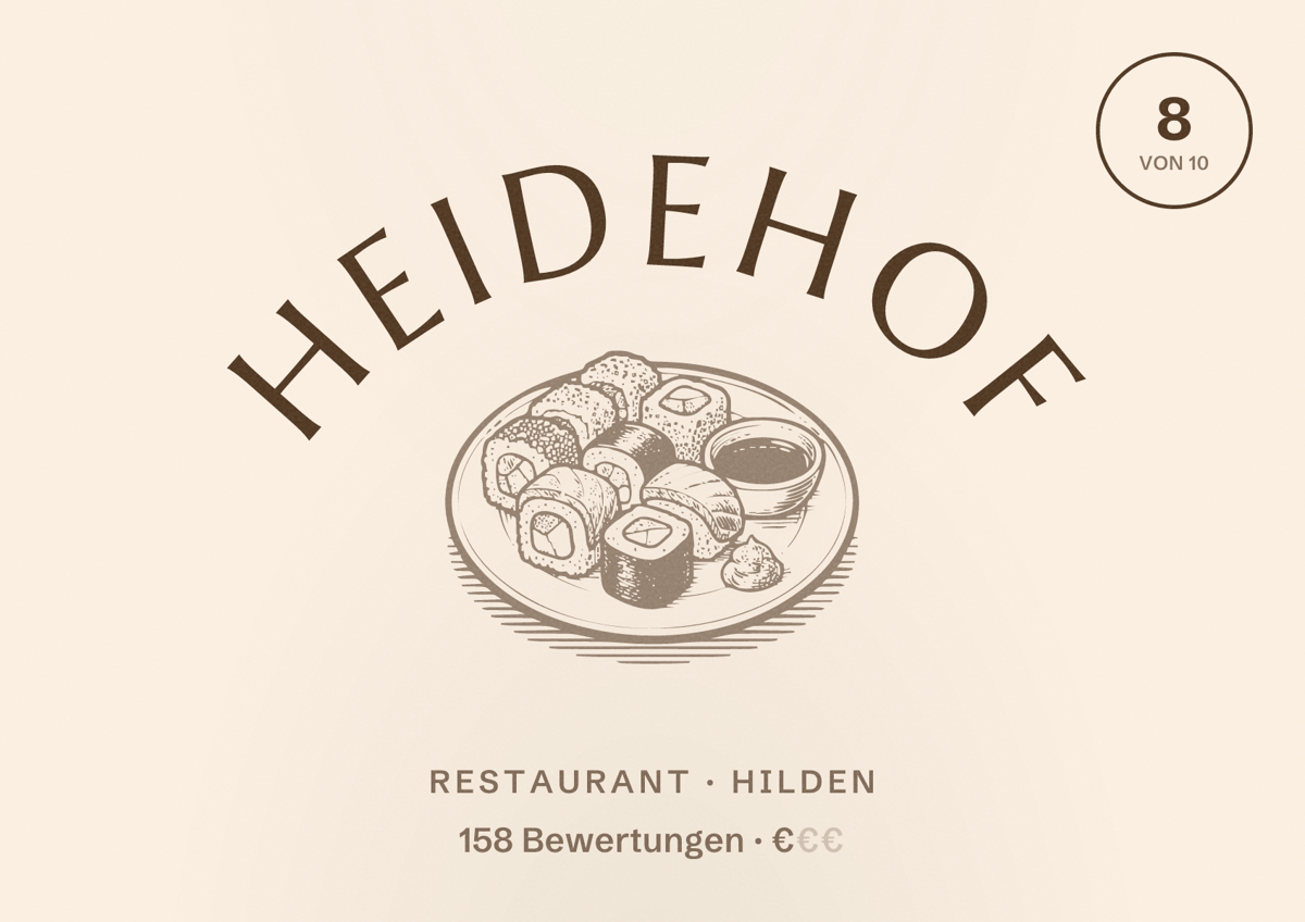 Illustriertes Poster von Heidehof, Restaurant in Hilden: Bewertung 8 von 10 aus 158 Bewertungen, Preisniveau €