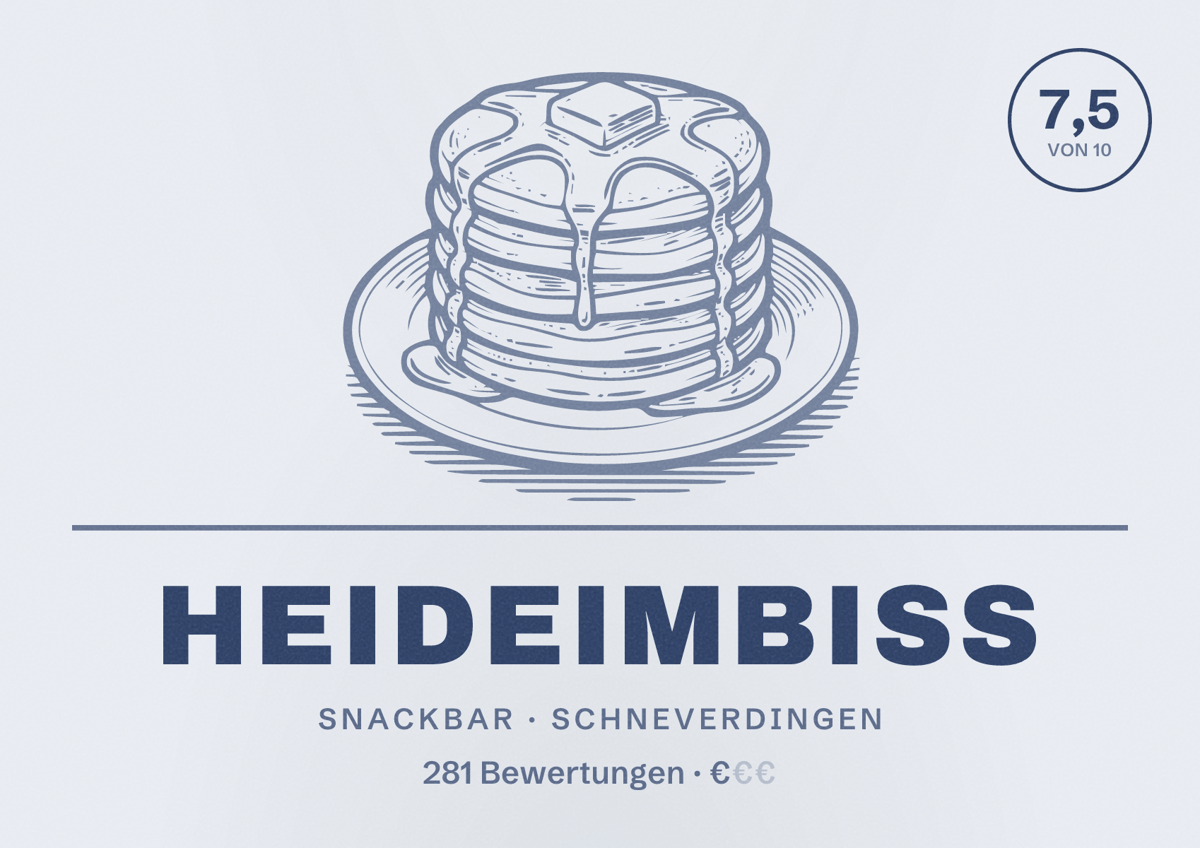 Illustriertes Poster von Heideimbiss, Snackbar in Schneverdingen: Bewertung 7,5 von 10 aus 281 Bewertungen, Preisniveau €