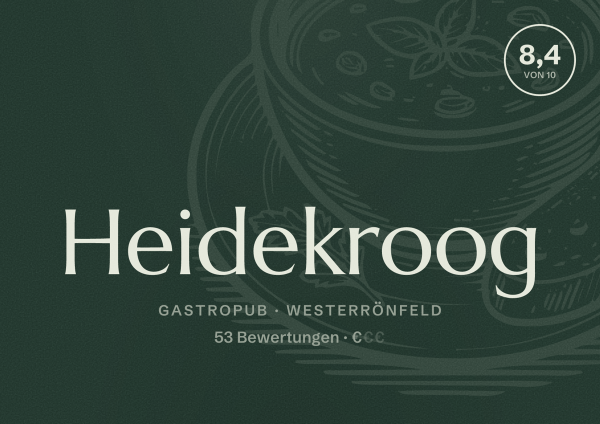 Illustriertes Poster von Heidekroog, Gastropub in Westerrönfeld: Bewertung 8,4 von 10 aus 53 Bewertungen, Preisniveau €