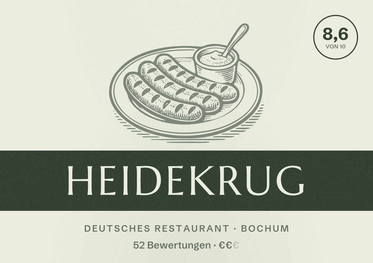 Illustriertes Poster von Heidekrug, Deutsches Restaurant in Bochum: Gästebewertung 8,6 von 10 aus 52 Bewertungen