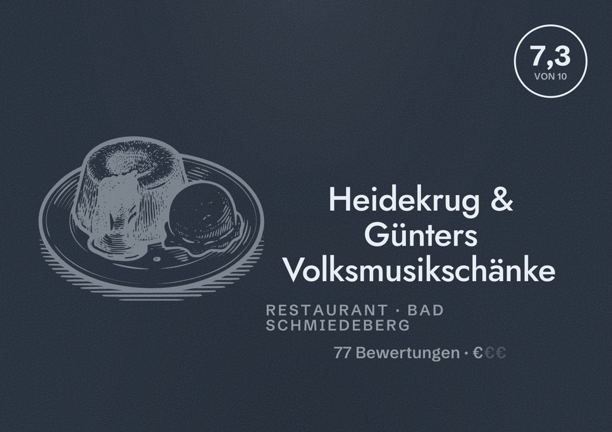 Illustriertes Poster von Heidekrug & Günters Volksmusikschänke, Restaurant in Bad Schmiedeberg: Bewertung 7,3 von 10 aus 77 Bewertungen, Preisniveau €
