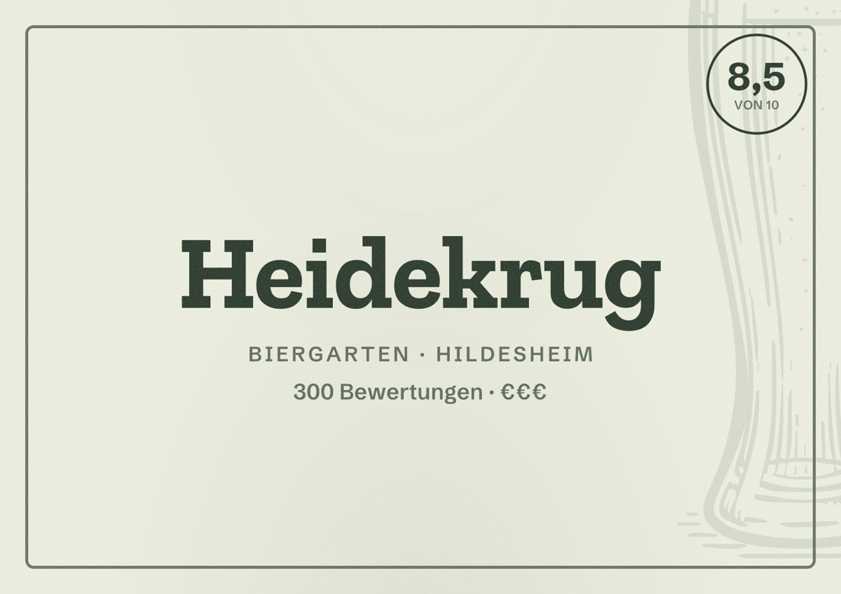 Illustriertes Poster von Heidekrug, Biergarten in Hildesheim: Bewertung 8,5 von 10 aus 300 Bewertungen, Preisniveau €€€