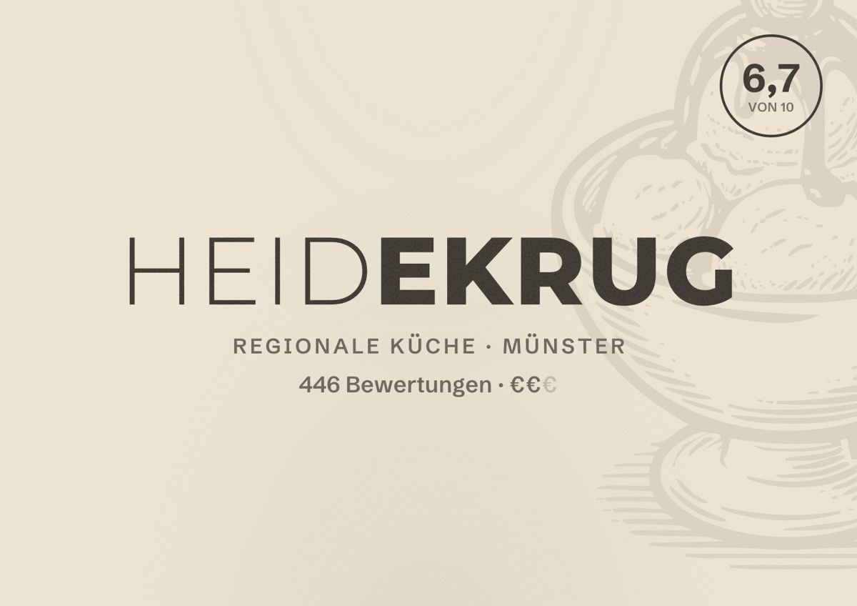 Illustriertes Poster von Heidekrug, Regionale Küche in Münster: Bewertung 6,7 von 10 aus 446 Bewertungen, Preisniveau €€