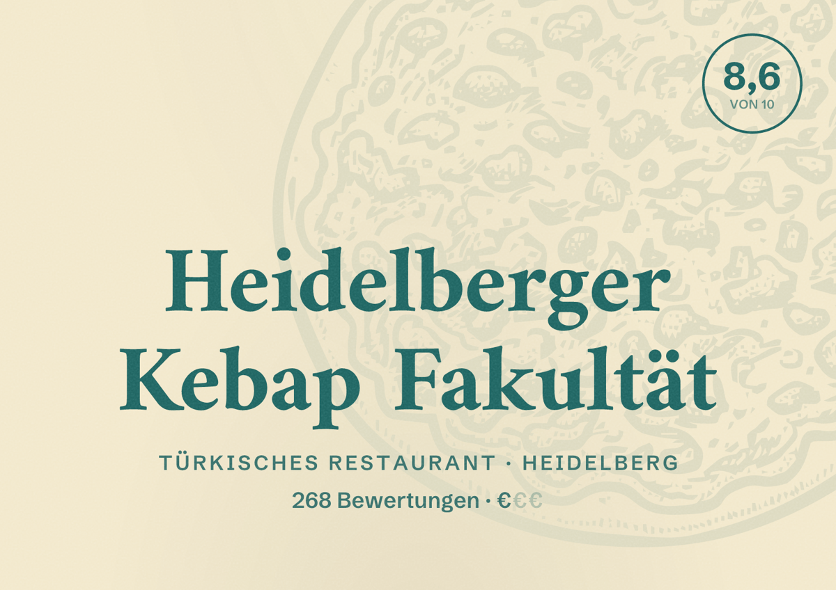 Illustriertes Poster von Heidelberger Kebap Fakultät, Türkisches Restaurant in Heidelberg: Bewertung 8,6 von 10 aus 268 Bewertungen, Preisniveau €