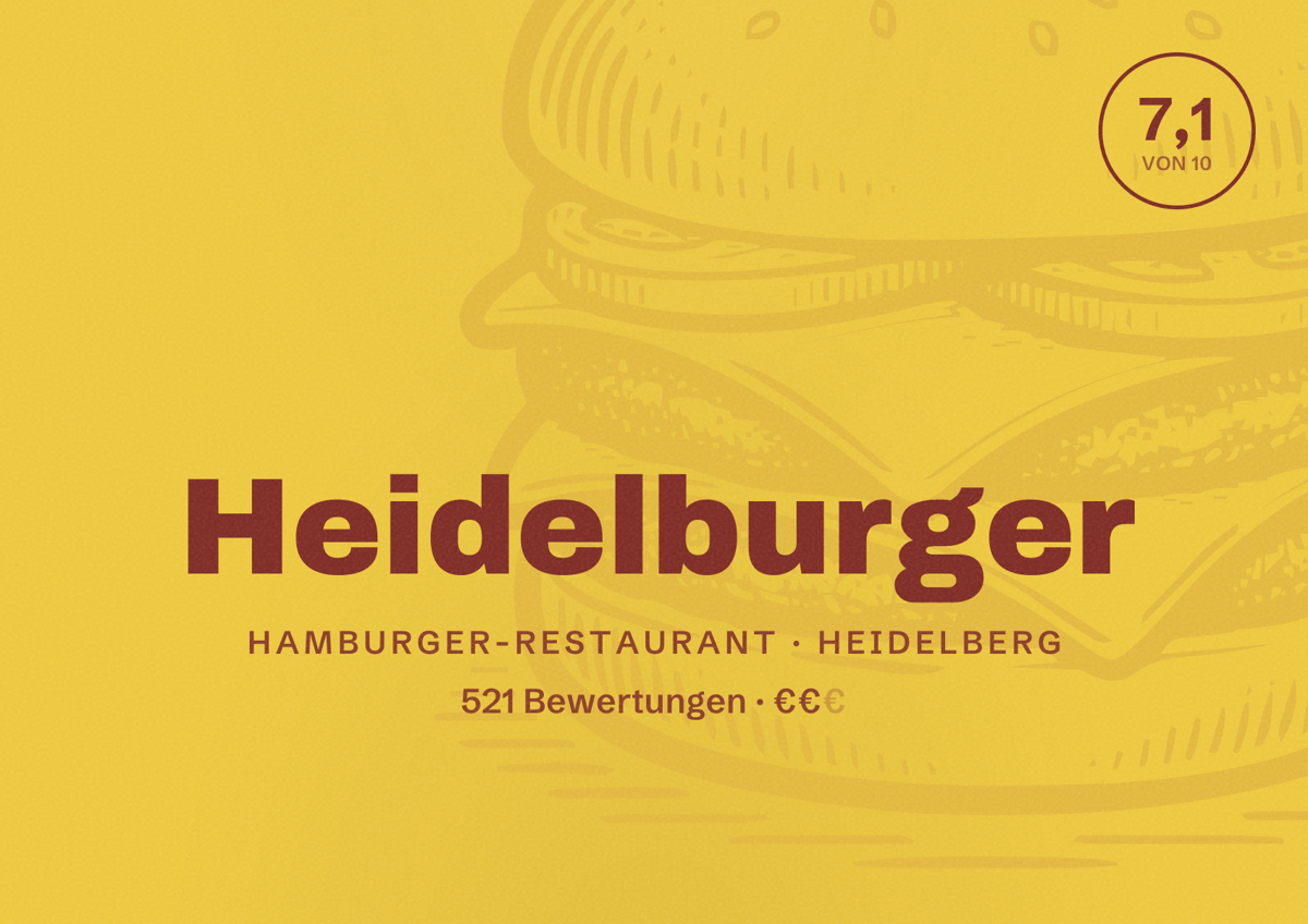 Illustriertes Poster von Heidelburger, Hamburger-Restaurant in Heidelberg: Bewertung 7,1 von 10 aus 521 Bewertungen, Preisniveau €€