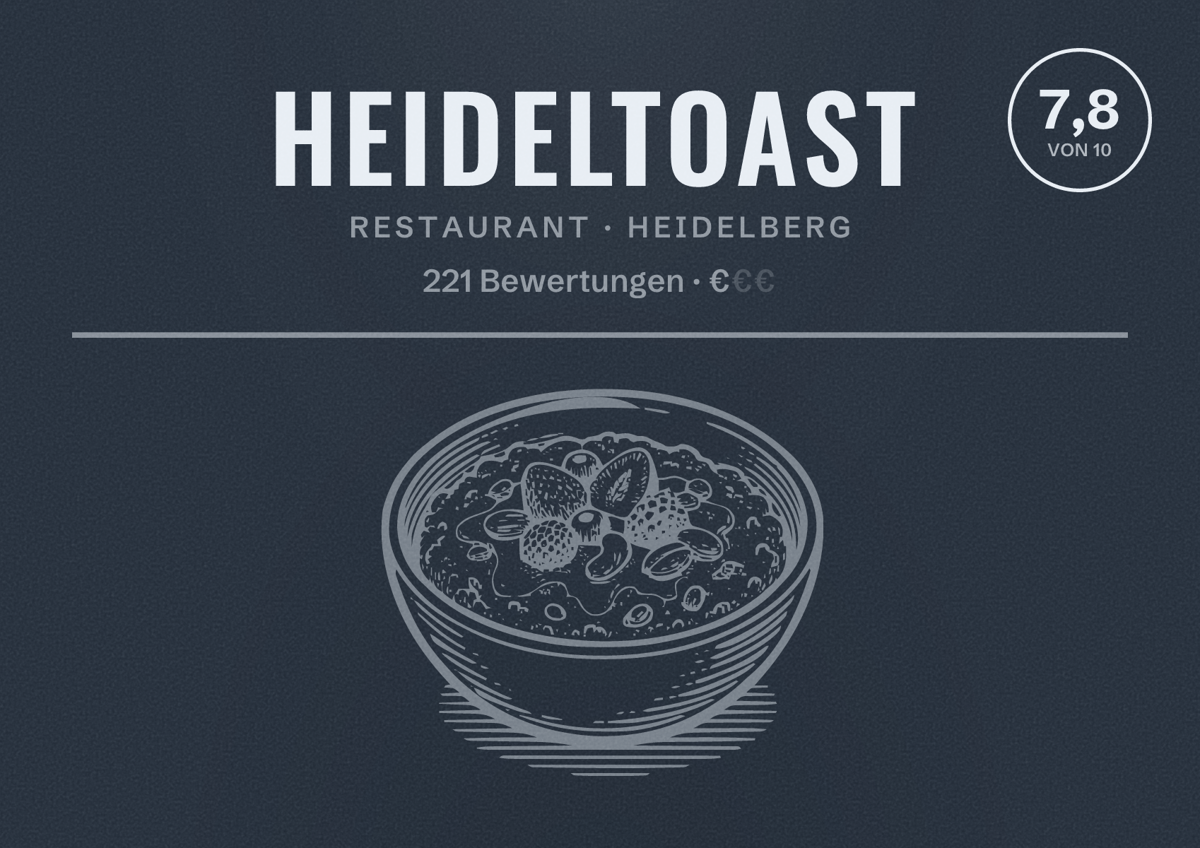 Illustriertes Poster von Heideltoast, Restaurant in Heidelberg: Bewertung 7,8 von 10 aus 221 Bewertungen, Preisniveau €