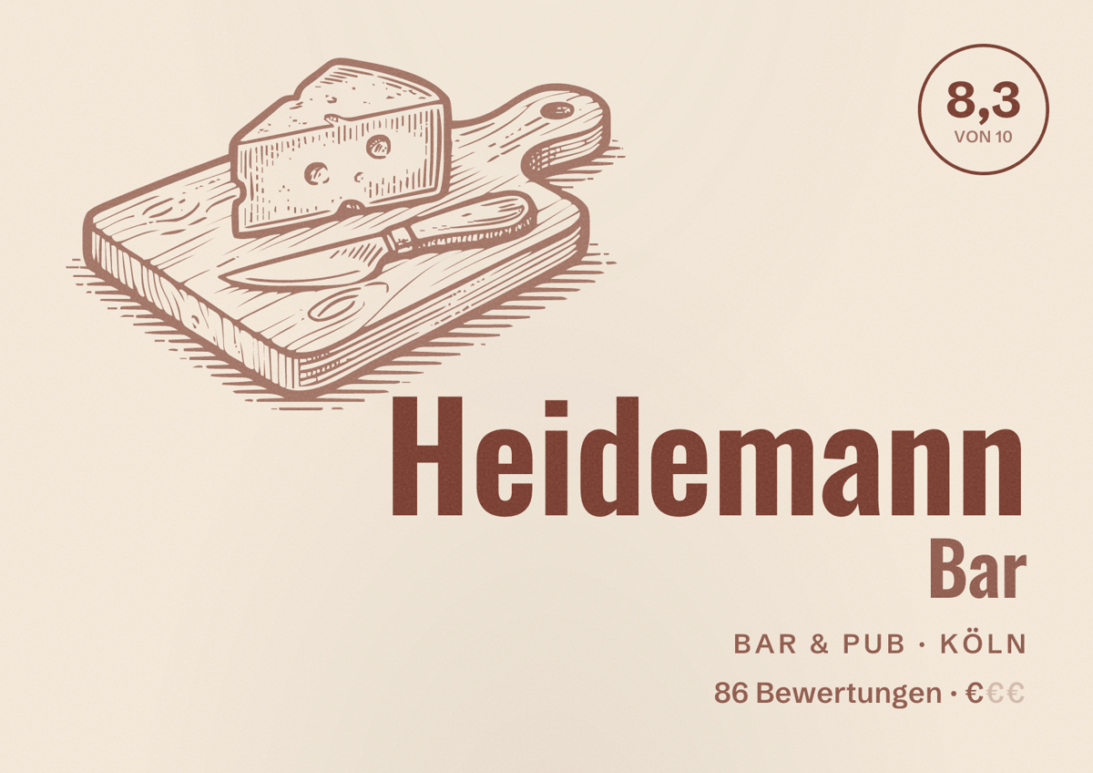 Illustriertes Poster von Heidemann Bar, Bar & Pub in Köln: Bewertung 8,3 von 10 aus 86 Bewertungen, Preisniveau €