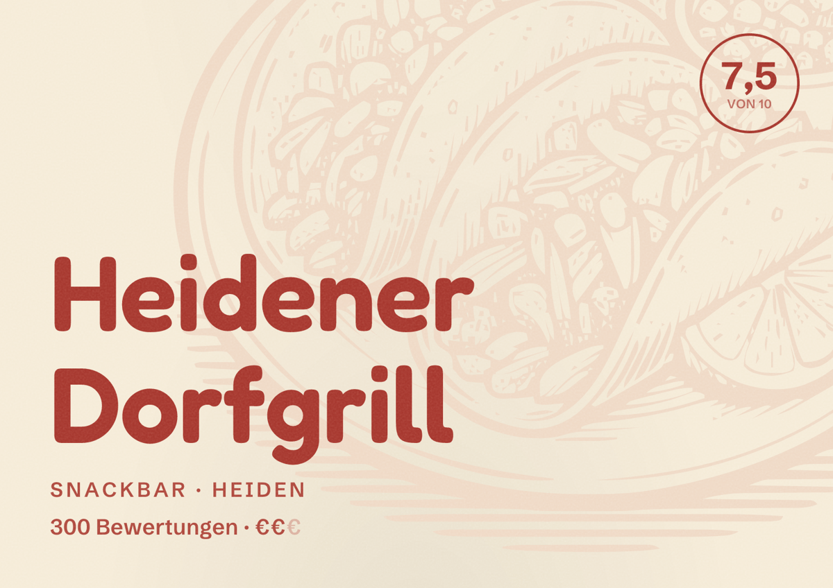 Illustriertes Poster von Heidener Dorfgrill, Snackbar in Heiden: Bewertung 7,5 von 10 aus 300 Bewertungen, Preisniveau €€