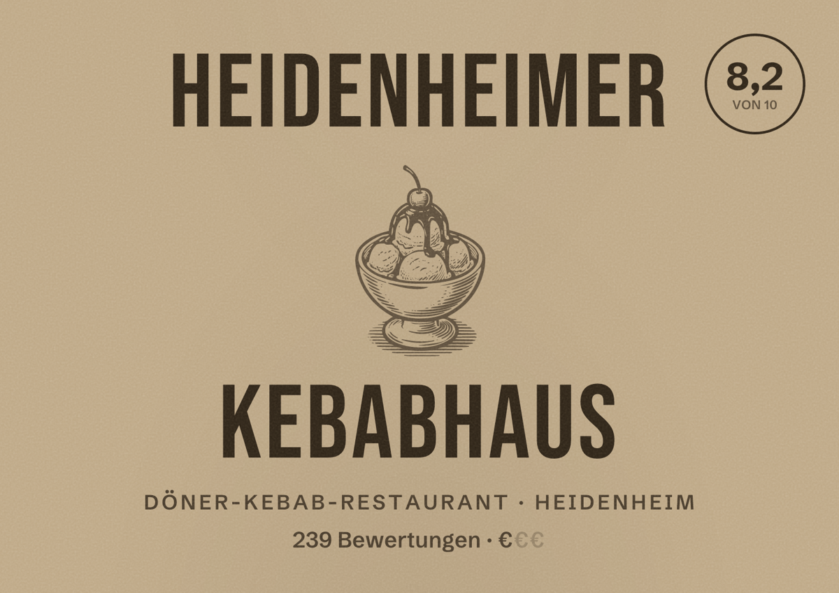 Illustriertes Poster von Heidenheimer Kebabhaus, Döner-Kebab-Restaurant in Heidenheim: Bewertung 8,2 von 10 aus 239 Bewertungen, Preisniveau €