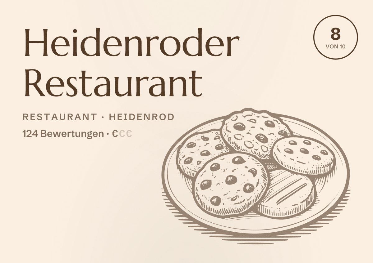 Illustriertes Poster von Heidenroder Restaurant, Restaurant in Heidenrod: Bewertung 8 von 10 aus 124 Bewertungen, Preisniveau €