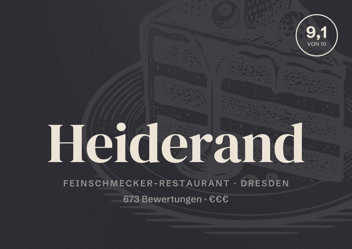 Illustriertes Poster von Heiderand, Feinschmecker-Restaurant in Dresden: Bewertung 9,1 von 10 aus 673 Bewertungen, Preisniveau €€€