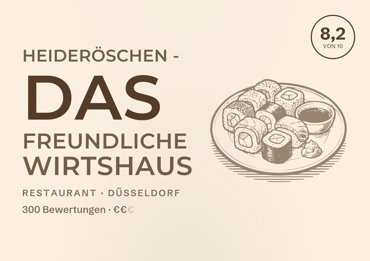 Illustriertes Poster von Heideröschen - das freundliche Wirtshaus, Restaurant in Düsseldorf: Bewertung 8,2 von 10 aus 300 Bewertungen, Preisniveau €€