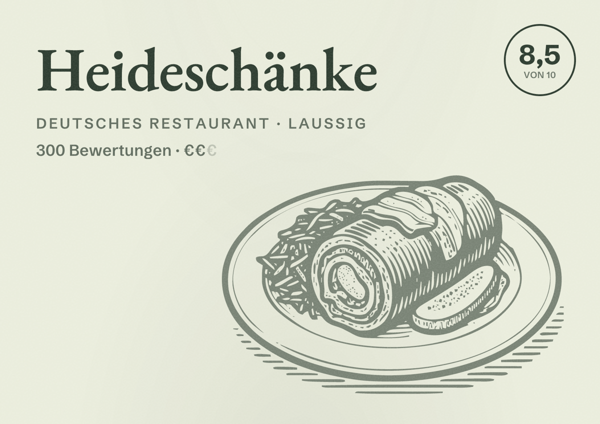 Illustriertes Poster von Heideschänke, Deutsches Restaurant in Laußig: Bewertung 8,5 von 10 aus 300 Bewertungen, Preisniveau €€