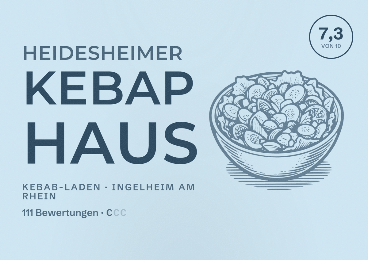 Illustriertes Poster von Heidesheimer Kebap Haus, Kebab-Laden in Ingelheim am Rhein: Bewertung 7,3 von 10 aus 111 Bewertungen, Preisniveau €