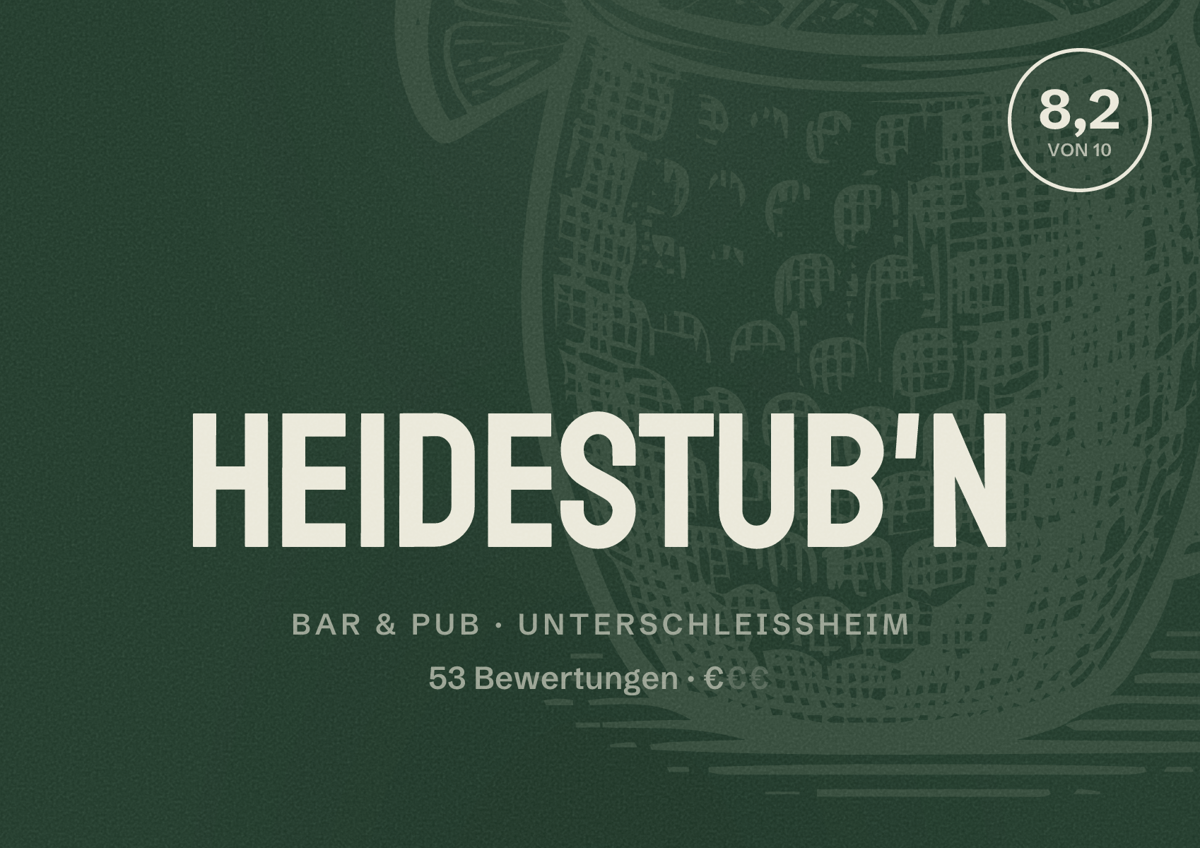 Illustriertes Poster von Heidestub'n, Bar & Pub in Unterschleißheim: Bewertung 8,2 von 10 aus 53 Bewertungen, Preisniveau €