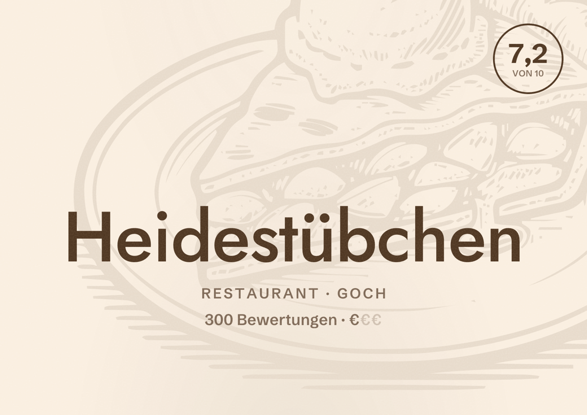 Illustriertes Poster von Heidestübchen, Restaurant in Goch: Bewertung 7,2 von 10 aus 300 Bewertungen, Preisniveau €