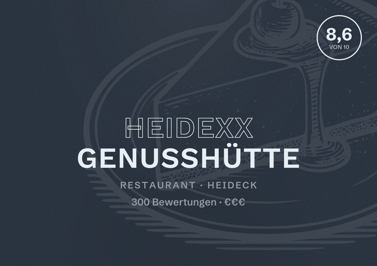 Illustriertes Poster von Heidexx Genusshütte, Restaurant in Heideck: Bewertung 8,6 von 10 aus 300 Bewertungen, Preisniveau €€€