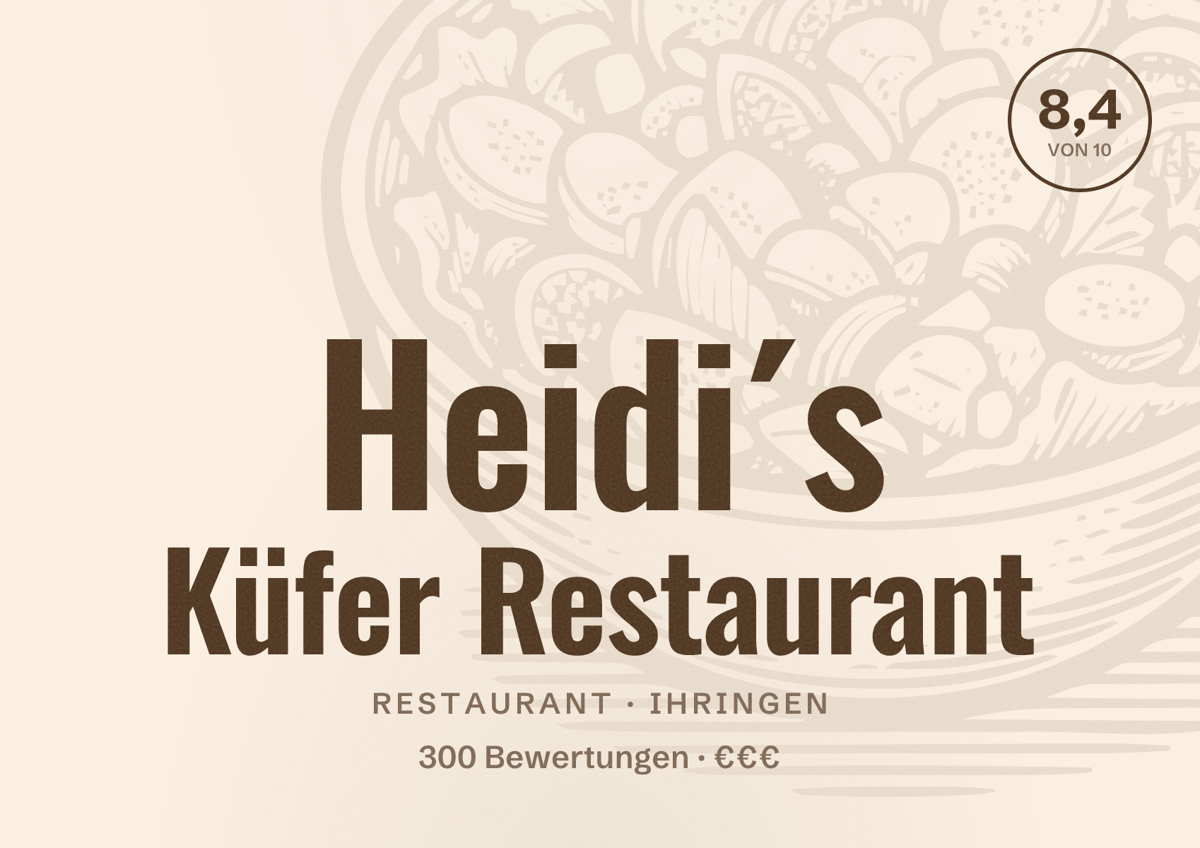 Illustriertes Poster von Heidi´s Küfer Restaurant, Restaurant in Ihringen: Bewertung 8,4 von 10 aus 300 Bewertungen, Preisniveau €€€