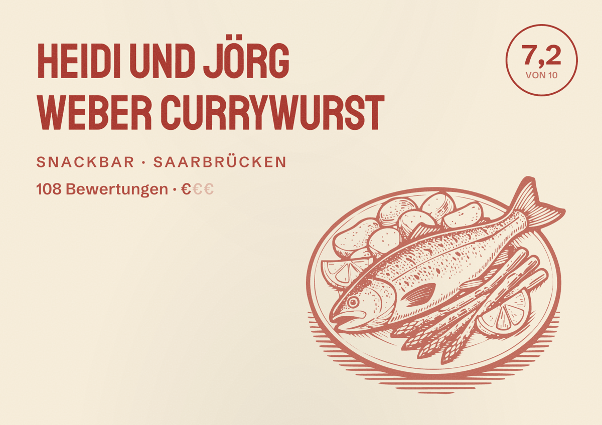 Illustriertes Poster von Heidi Und Jörg Weber Currywurst, Snackbar in Saarbrücken: Bewertung 7,2 von 10 aus 108 Bewertungen, Preisniveau €