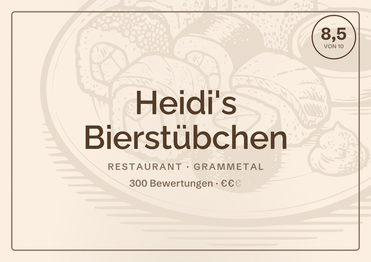 Illustriertes Poster von Heidi's Bierstübchen, Restaurant in Grammetal: Bewertung 8,5 von 10 aus 300 Bewertungen, Preisniveau €€
