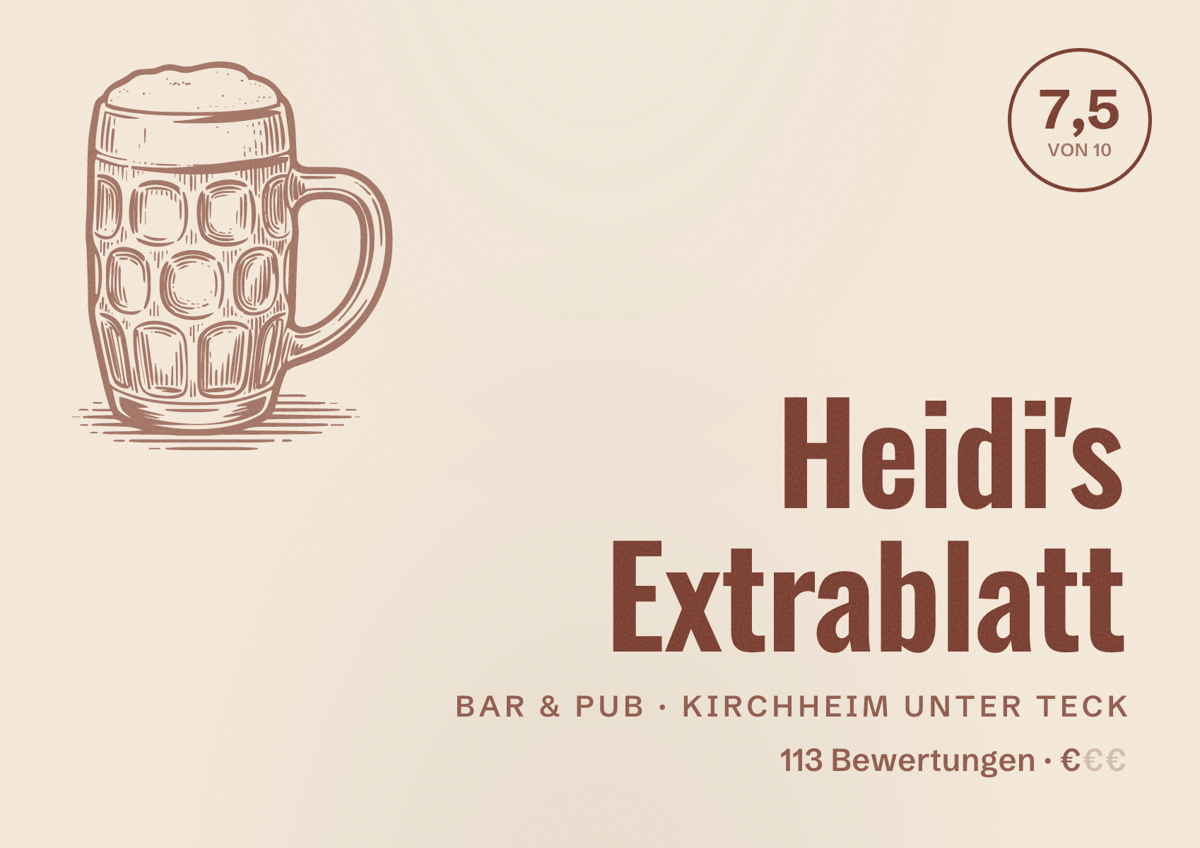 Illustriertes Poster von Heidi's Extrablatt, Bar & Pub in Kirchheim unter Teck: Bewertung 7,5 von 10 aus 113 Bewertungen, Preisniveau €
