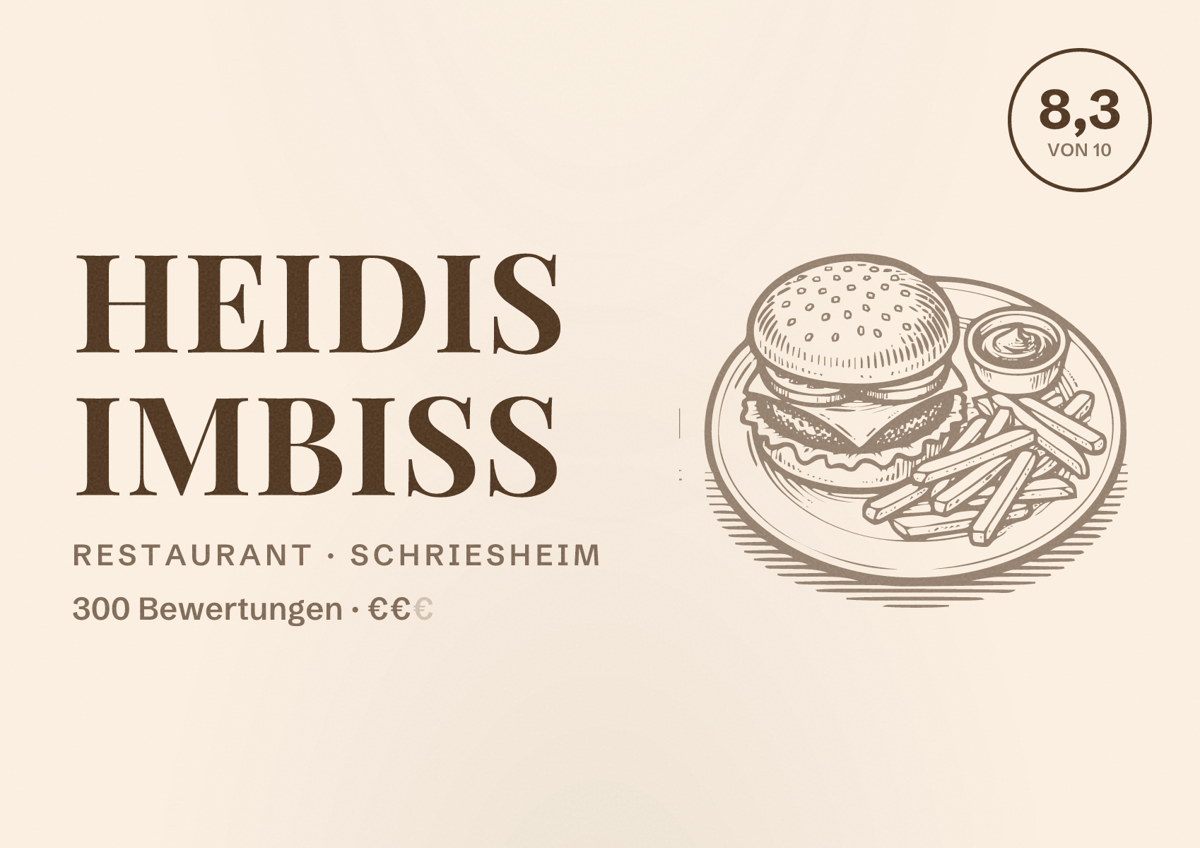 Illustriertes Poster von Heidis Imbiss, Restaurant in Schriesheim: Bewertung 8,3 von 10 aus 300 Bewertungen, Preisniveau €€