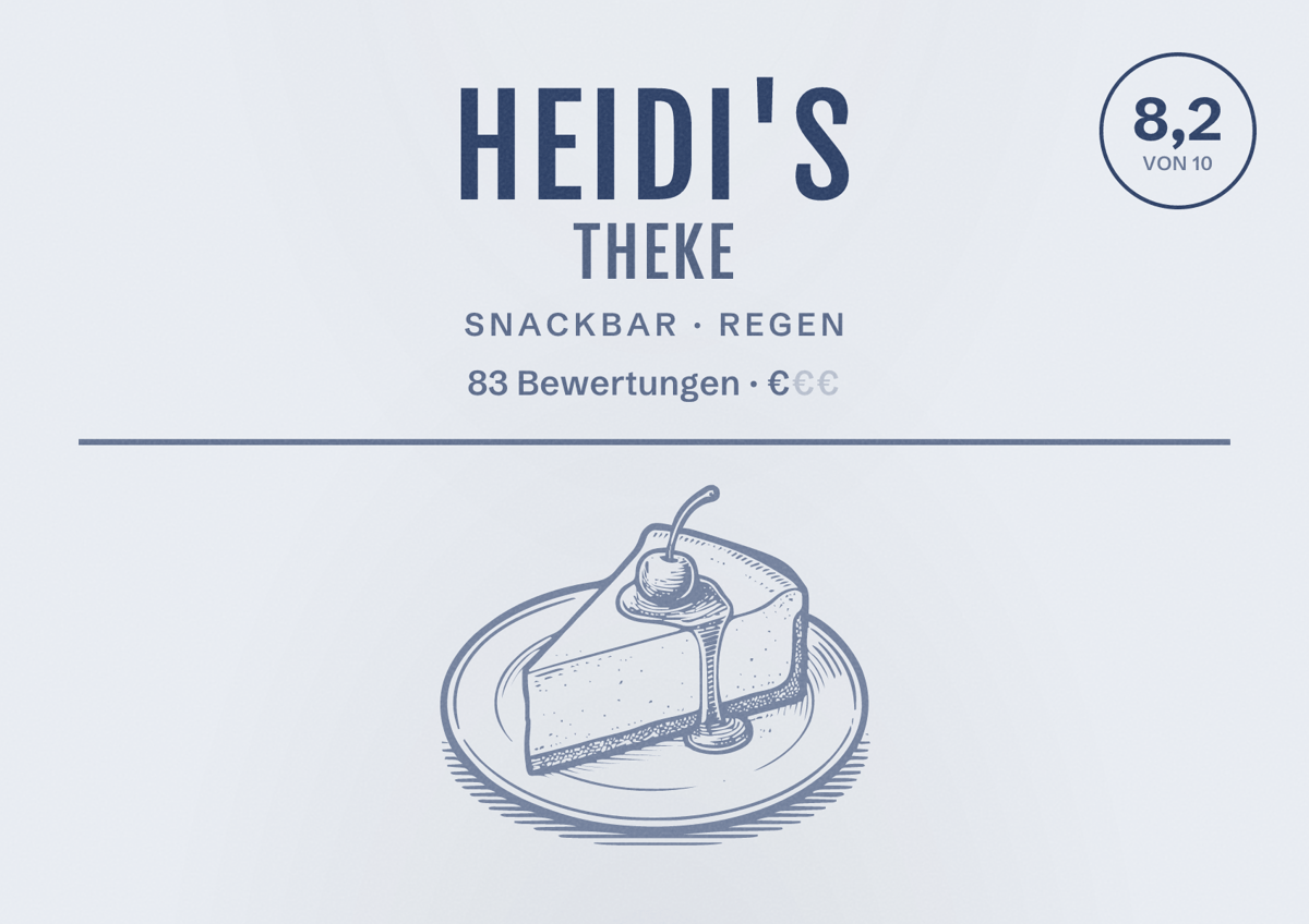 Illustriertes Poster von Heidi's Theke, Snackbar in Regen: Bewertung 8,2 von 10 aus 83 Bewertungen, Preisniveau €