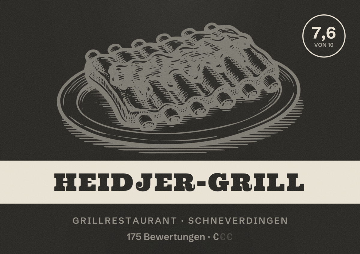 Illustriertes Poster von Heidjer-Grill, Grillrestaurant in Schneverdingen: Bewertung 7,6 von 10 aus 175 Bewertungen, Preisniveau €